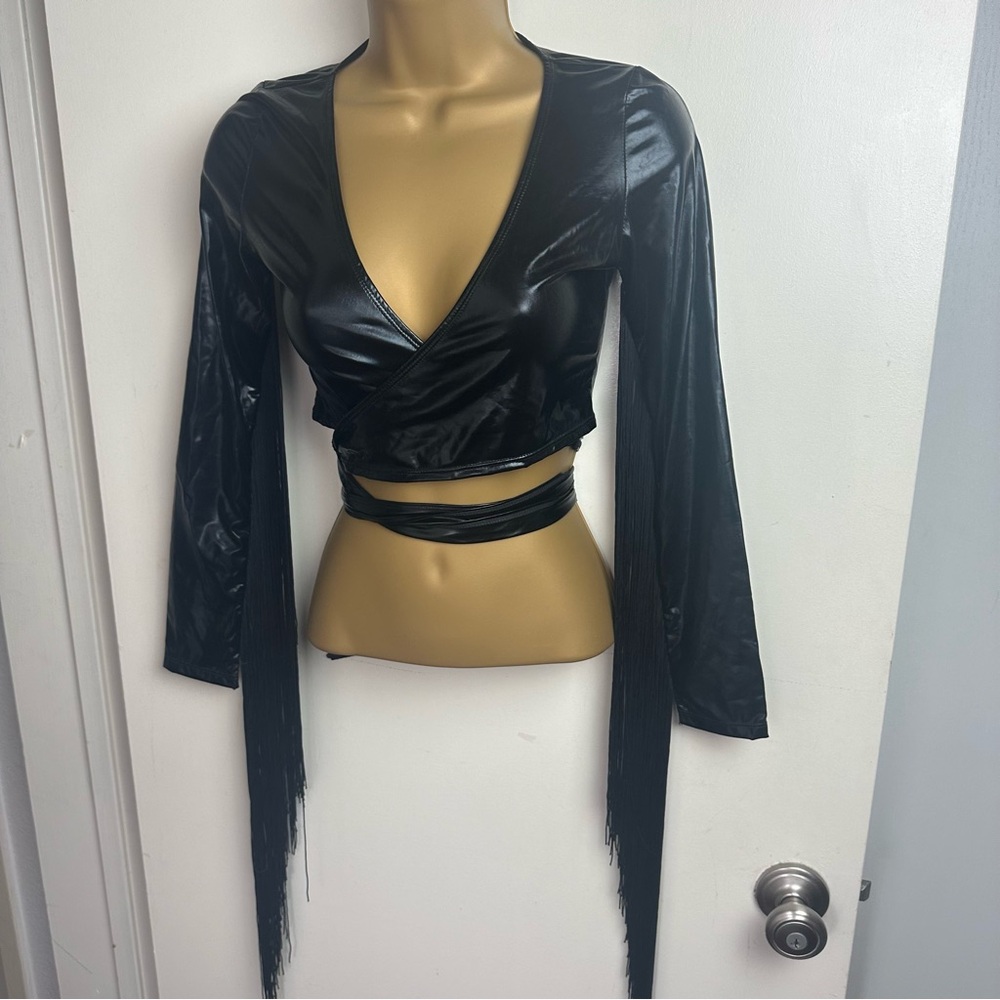 Club Exx X Dolls Kill Black Dark Glossy Euphoric Element Fringe Wrap Top NWT XXS